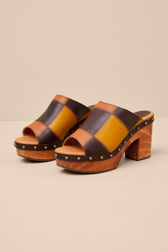 Dingo Mosaic Multi Leather Patchwork Wooden Platform Slide Sandals In Brown