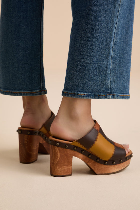 Dingo Mosaic Multi Leather Patchwork Wooden Platform Slide Sandals In Brown