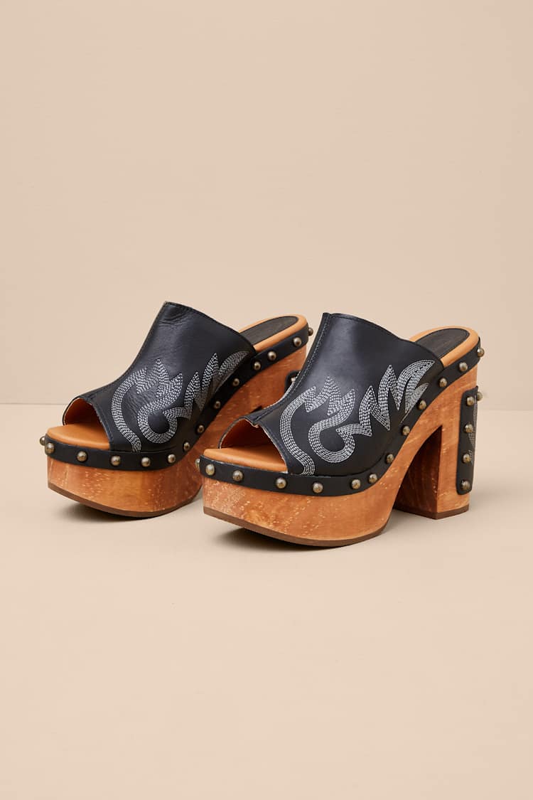 Free Spirit Black Leather Wooden Platform Slide Sandals