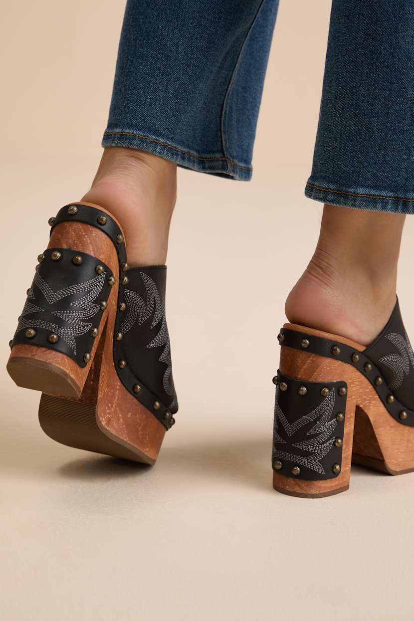 Free Spirit Black Leather Wooden Platform Slide Sandals
