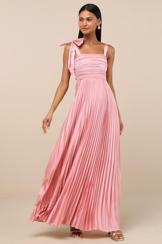 Image of Gorgeous Purpose Pink Satin Pleated Sleeveless Bow Maxi Dress