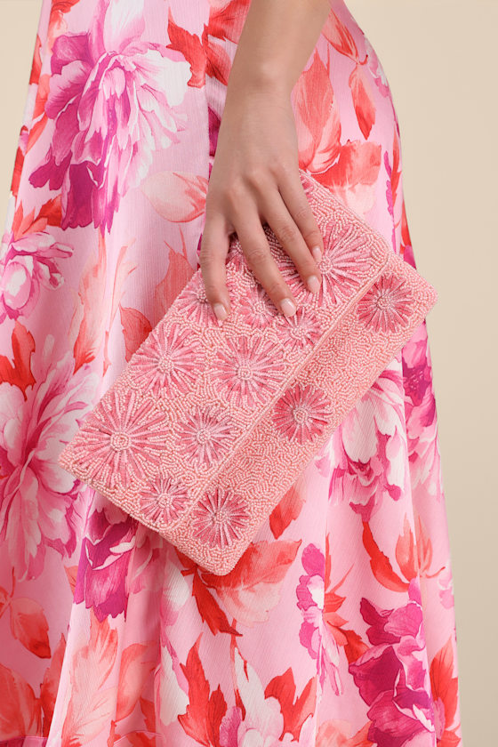 Pink Floral Clutch - Beaded Floral Clutch - Pink Crossbody