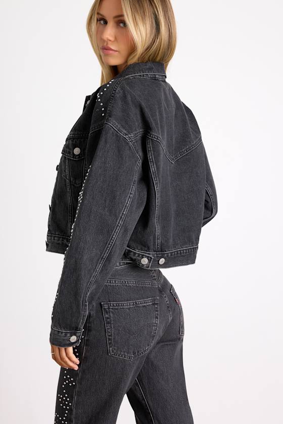 Shrunken '90s Washed Black Denim Studded Trucker Jacket 6