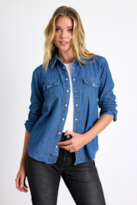 Iconic Medium Wash Chambray Button-Front Long Sleeve Top 1