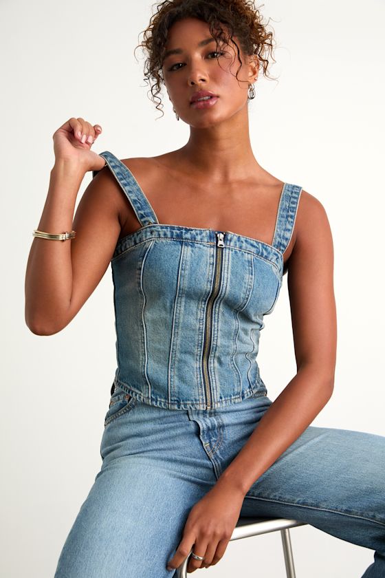 Sculpted Bustier Medium Wash Zip-Front Denim Bustier Top