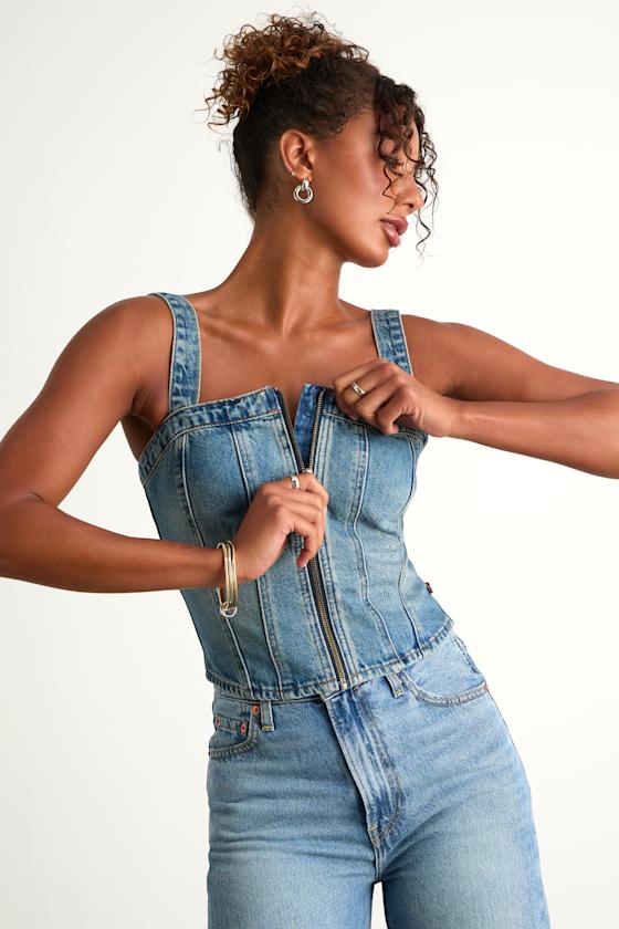 Sculpted Bustier Medium Wash Zip-Front Denim Bustier Top 2