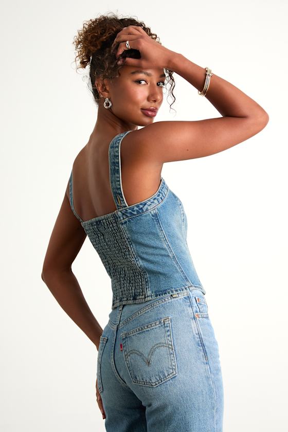 本日限定　MOUSSY BUSTIER DENIM 2 Levi's Sculpted Bustier - Medium Wash Top - Denim Bustier Top - Lulus