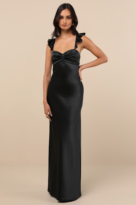 Exuberant Luxury Black Satin Ruffled Lace-Up Maxi Dress 3