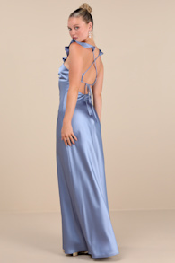 Exuberant Luxury Periwinkle Satin Ruffled Lace-Up Maxi Dress 5