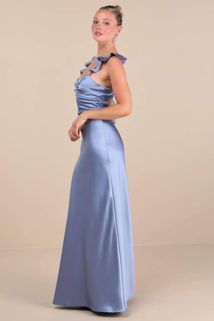 Exuberant Luxury Periwinkle Satin Ruffled Lace-Up Maxi Dress
