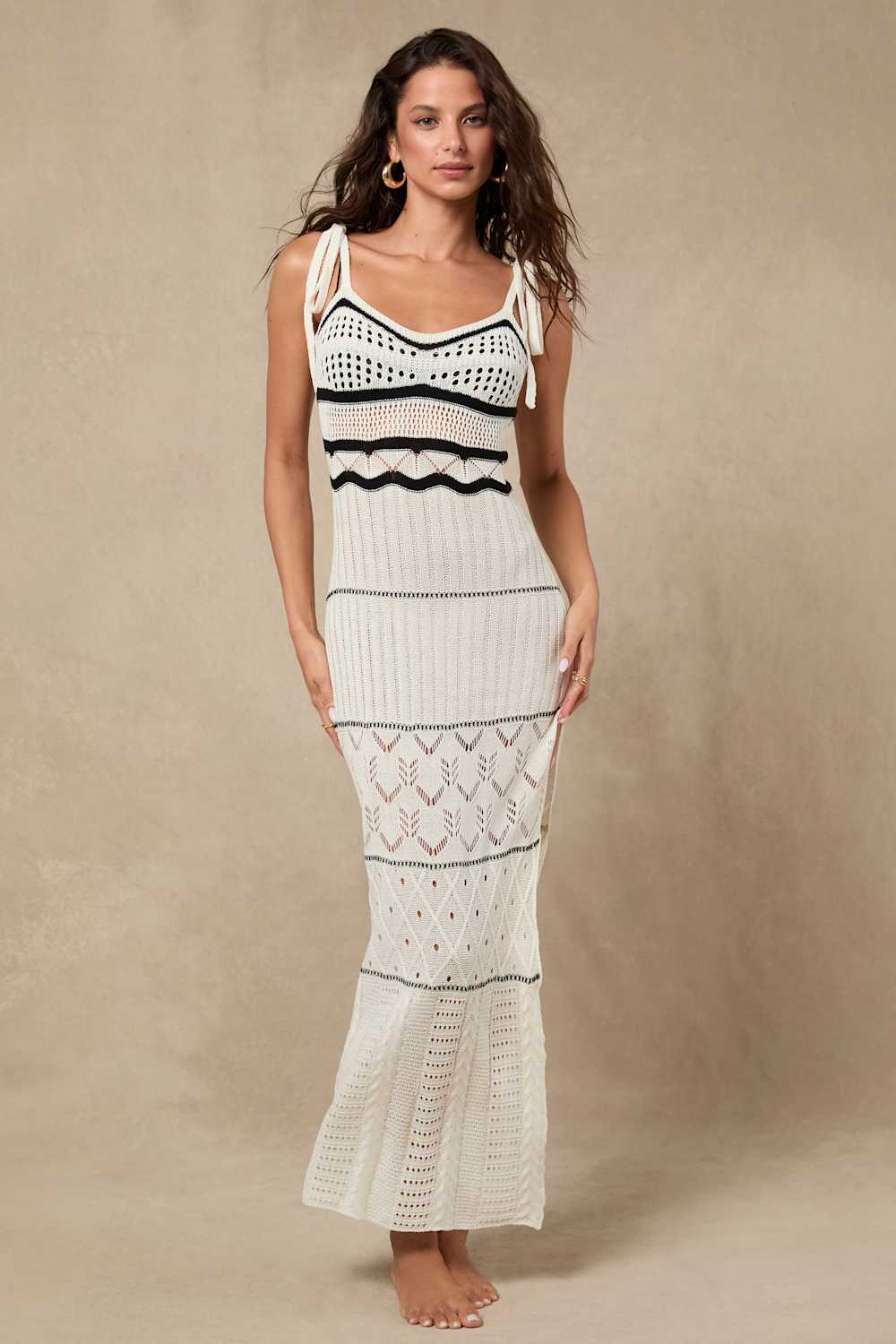 Olyssia Ivory and Black Knit Tie-Strap Maxi Swim Cover-Up