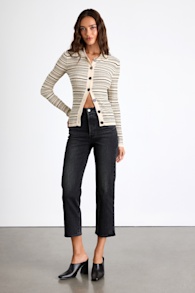 Ribcage Washed Black High-Rise Straight Ankle Jeans 1