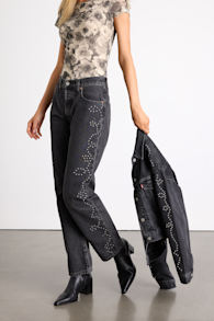 501 '90s Washed Black Rhinestone Mid-Rise Straight Leg Jeans 1