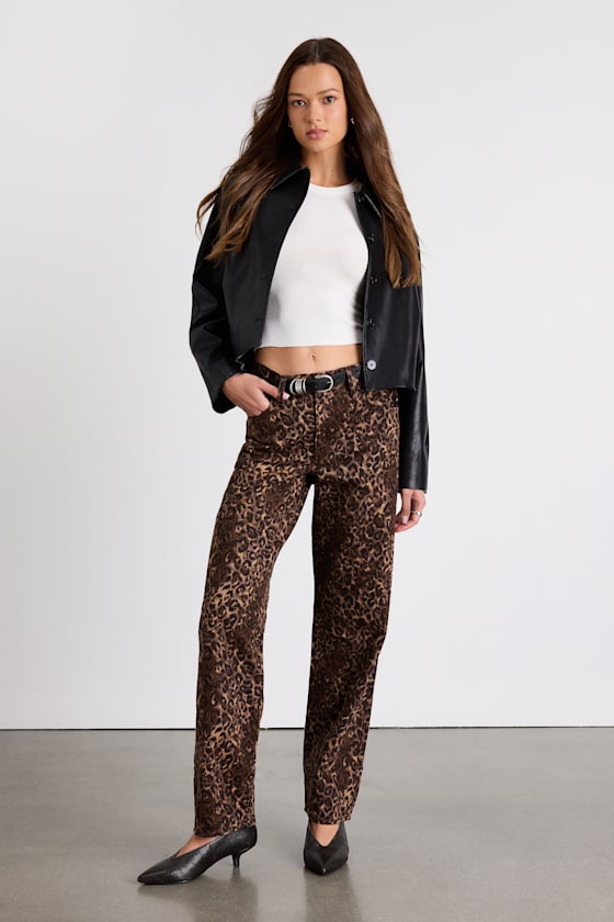Baggy Dad Leopard Print Cotton Denim Mid-Rise Wide-Leg Jeans 1
