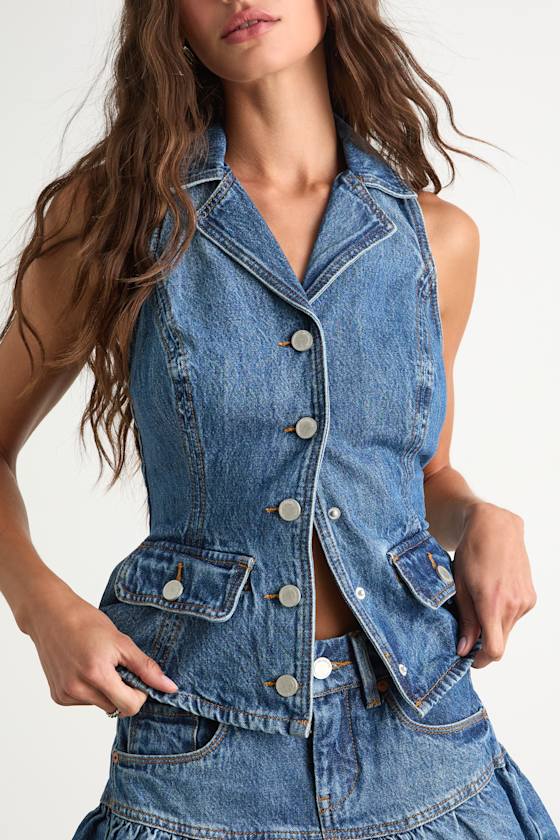 Georgia Medium Wash Denim Peplum Vest Top 2