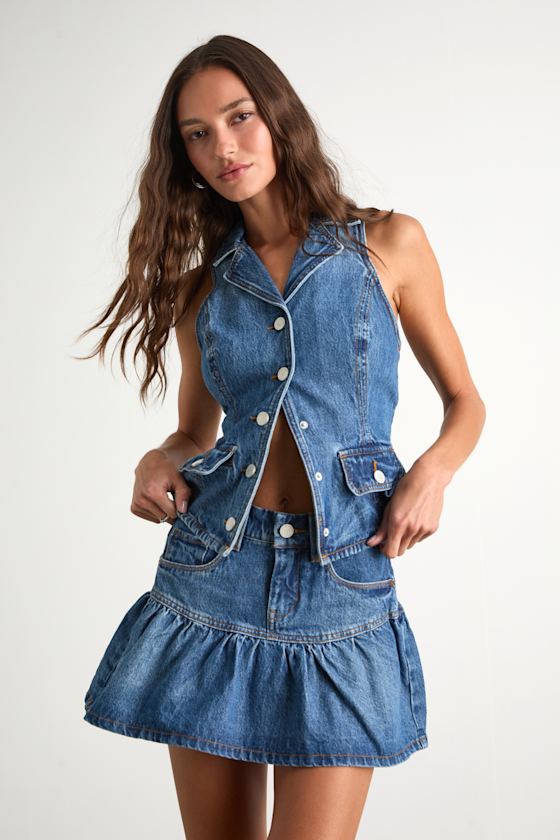 Georgia Medium Wash Denim Ruffled Mini Skirt 1