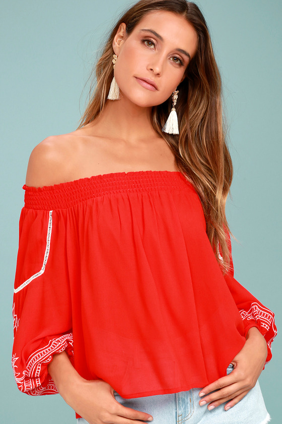 Cute Embroidered Top - Off-The-Shoulder Top - Breezy Red Top - Lulus