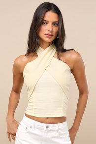 Lasy Light Yellow Cotton Cross-Front Halter Top 2
