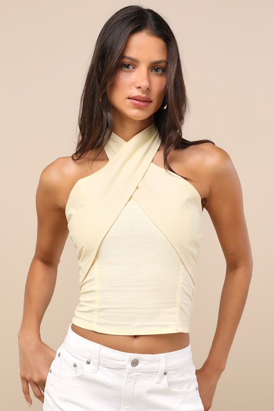 Lasy Light Yellow Cotton Cross-Front Halter Top 2