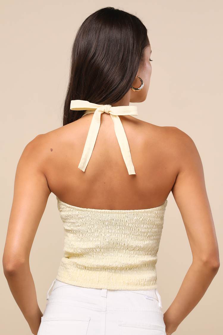 Lasy Light Yellow Cotton Cross-Front Halter Top