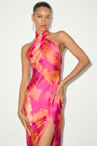 Beyond Classy Pink and Orange Satin Halter Midi Dress 1