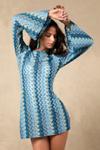 Valestra Blue Striped Crochet Long Sleeve Swim Cover-Up Dress 2