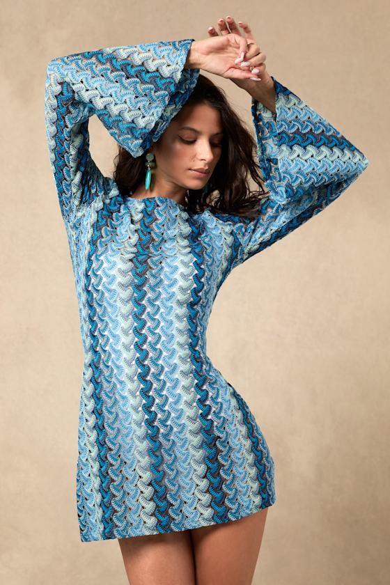 Valestra Blue Striped Crochet Long Sleeve Swim Cover-Up Dress 2