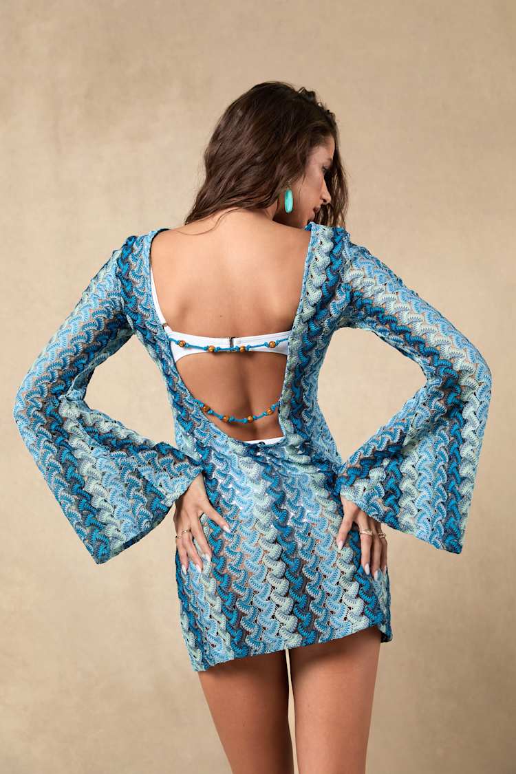 Valestra Blue Striped Crochet Long Sleeve Swim Cover-Up Dress