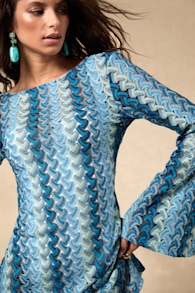 Valestra Blue Striped Crochet Long Sleeve Swim Cover-Up Dress 6