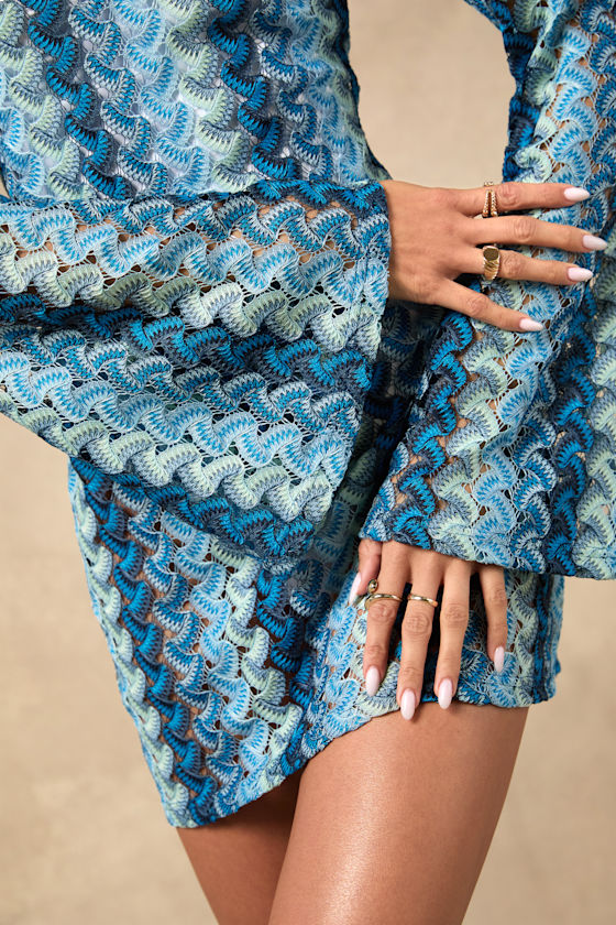 Valestra Blue Striped Crochet Long Sleeve Swim Cover-Up Dress