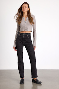 Loulou Washed Black High-Rise Straight Leg Jeans 1