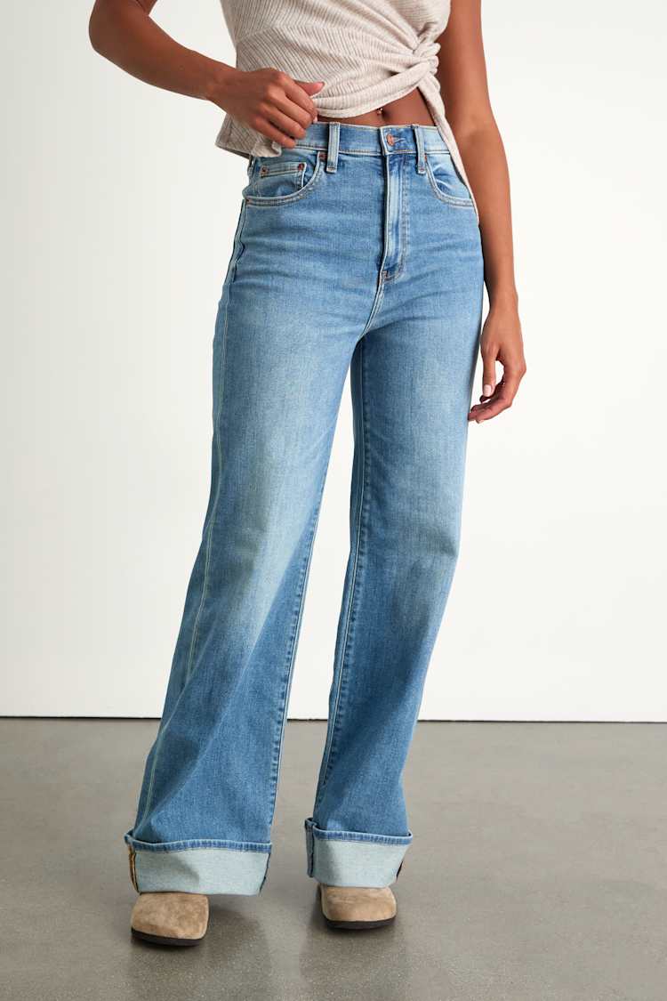 Far Out Medium Wash Wide-Leg Cuffed Jeans