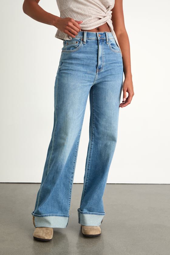 Far Out Medium Wash Wide-Leg Cuffed Jeans