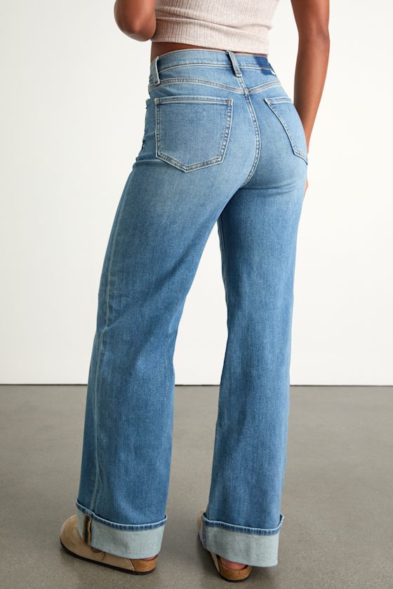 Far Out Medium Wash Wide-Leg Cuffed Jeans