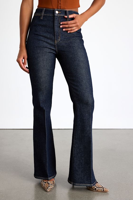 Daze Denim Sunset Dark Wash Denim High-rise Flare Jeans In Blue