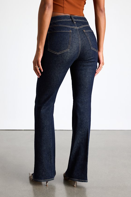 Daze Denim Sunset Dark Wash Denim High-rise Flare Jeans In Blue