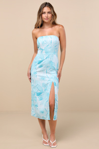 Lyra Light Blue Leaf Print Strapless Midi Dress 1