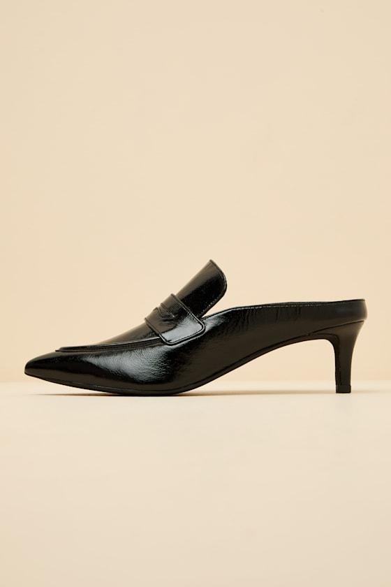Stunner Black Crinkle Patent Leather Mule Pumps 2