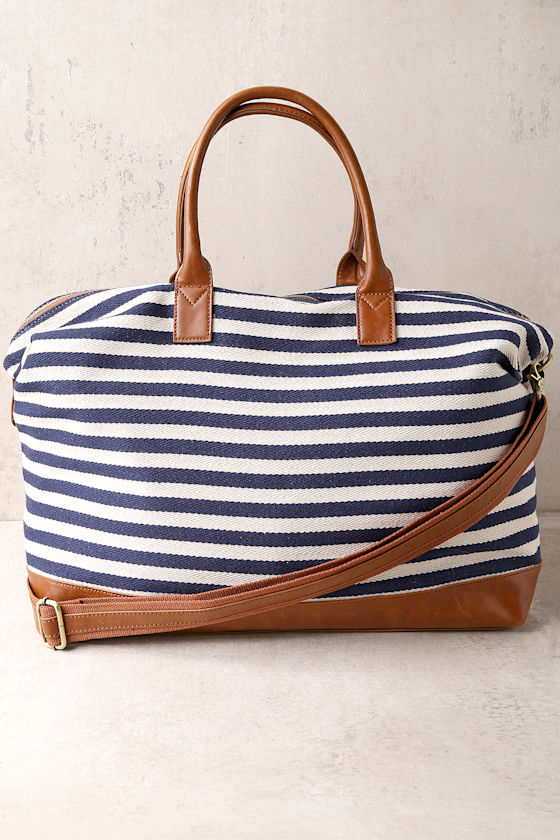 Jet Setter Cream and Navy Blue Striped Weekender Bag 2