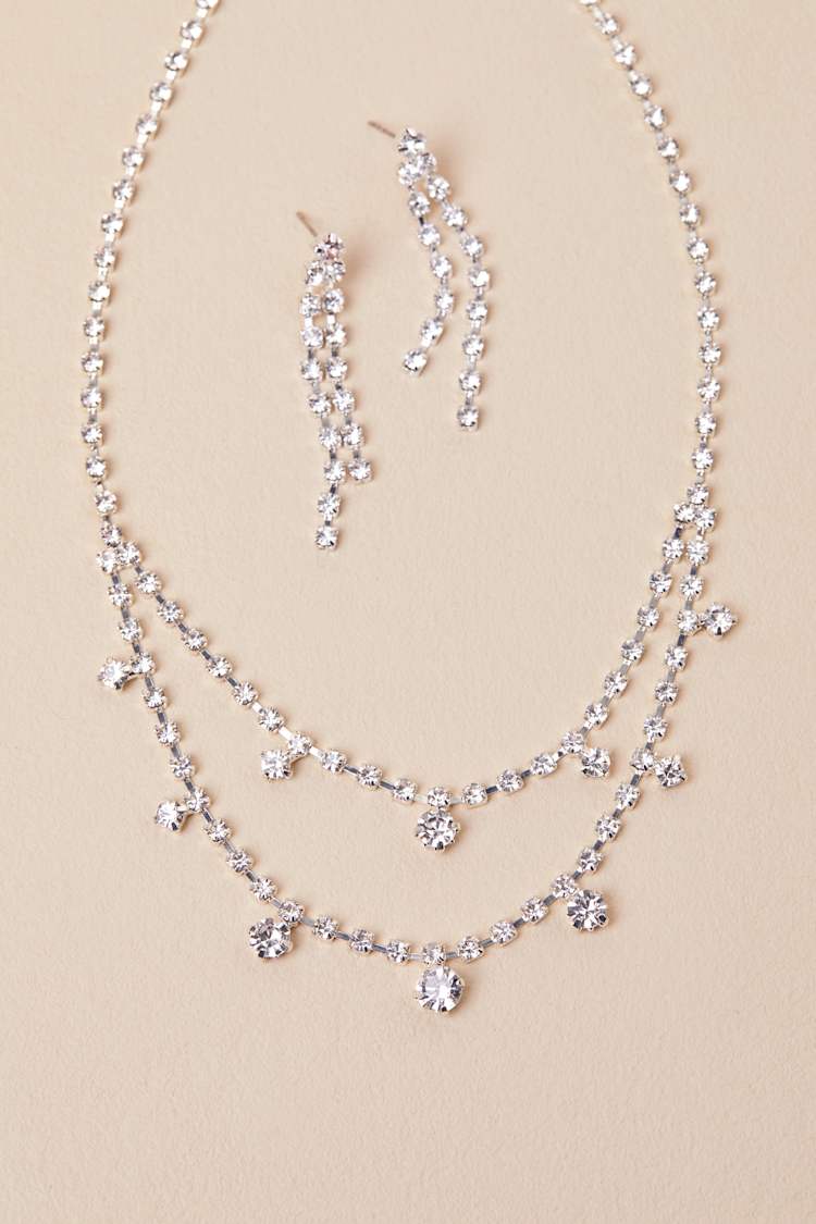 Ameliana Silver Rhinestone Necklace and Earring Set
