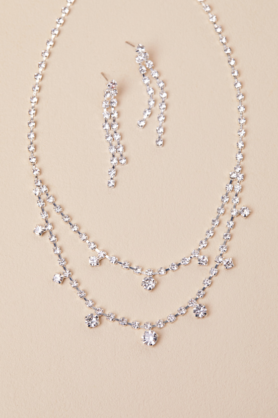 Ameliana Silver Rhinestone Necklace and Earring Set