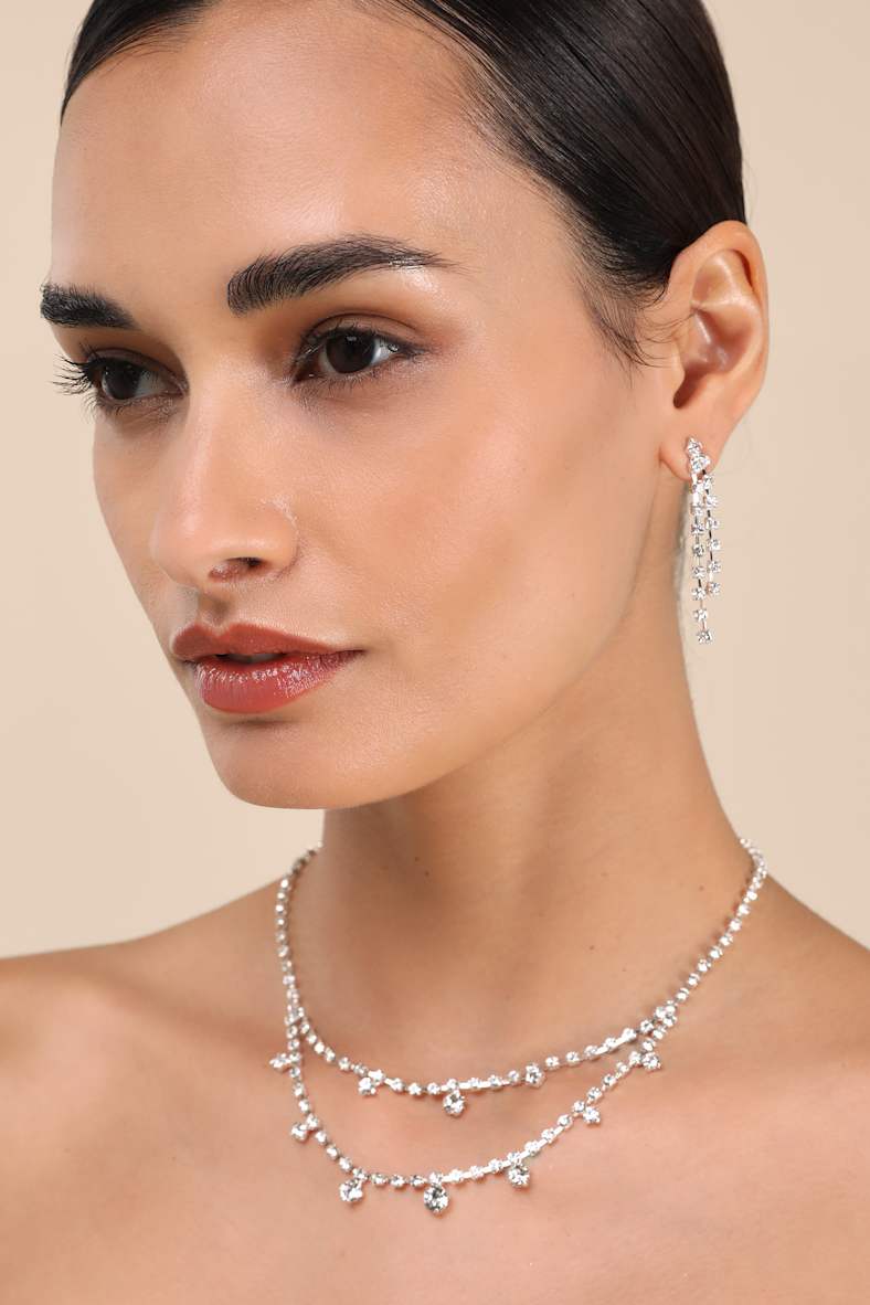 Ameliana Silver Rhinestone Necklace and Earring Set