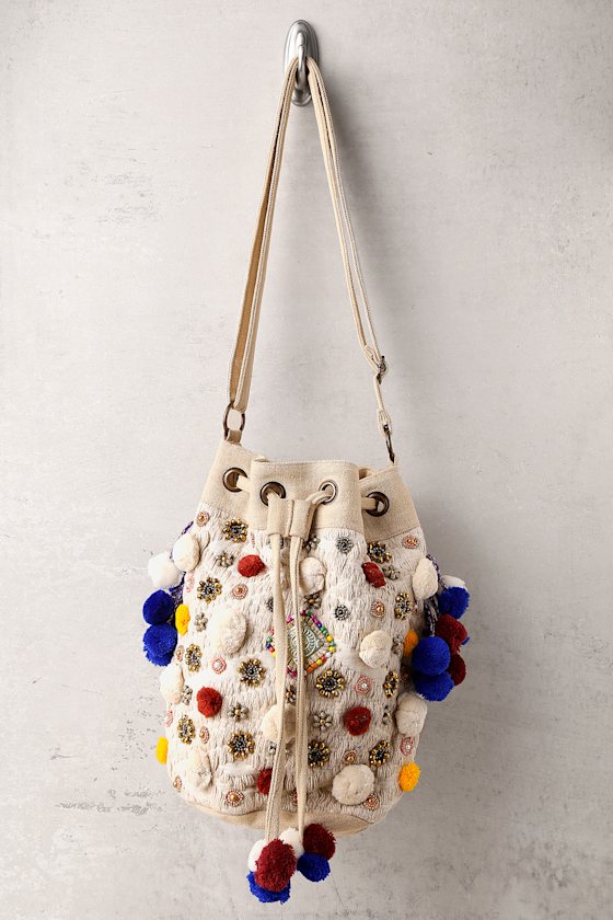 Getaway Today Beige Beaded Pompom Bucket Bag 2