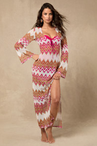 Virelle Pink and Tan Multi Chevron Crochet Maxi Swim Cover-Up 1