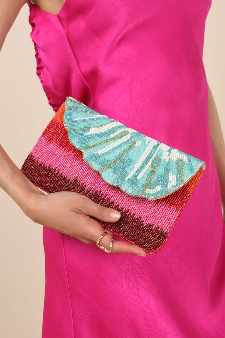 Rozina Multi Striped Beaded Leaf Clutch