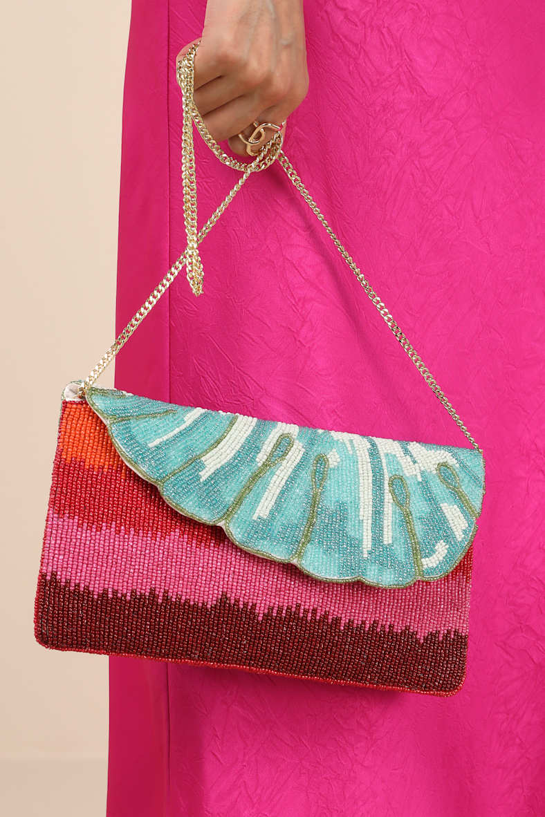 Rozina Multi Striped Beaded Leaf Clutch