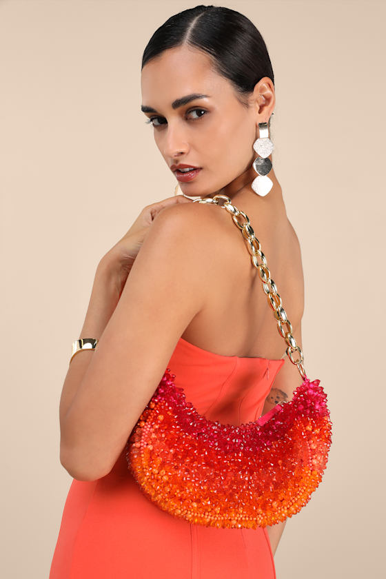 Nanami Red and Orange Ombre Beaded Chain Shoulder Bag 4