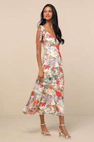 Simply Blissful Ivory Multi Floral Tie-Strap A-Line Midi Dress 5