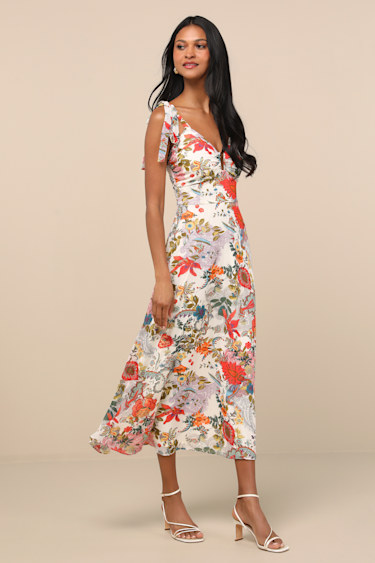 Ivory Multi Floral Tie-Strap A-Line Midi Dress | Womens | Medium (Available in XXL, XS, XL) | 100% Polyester | Lulus