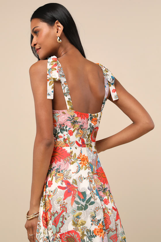 Simply Blissful Ivory Multi Floral Tie-Strap A-Line Midi Dress